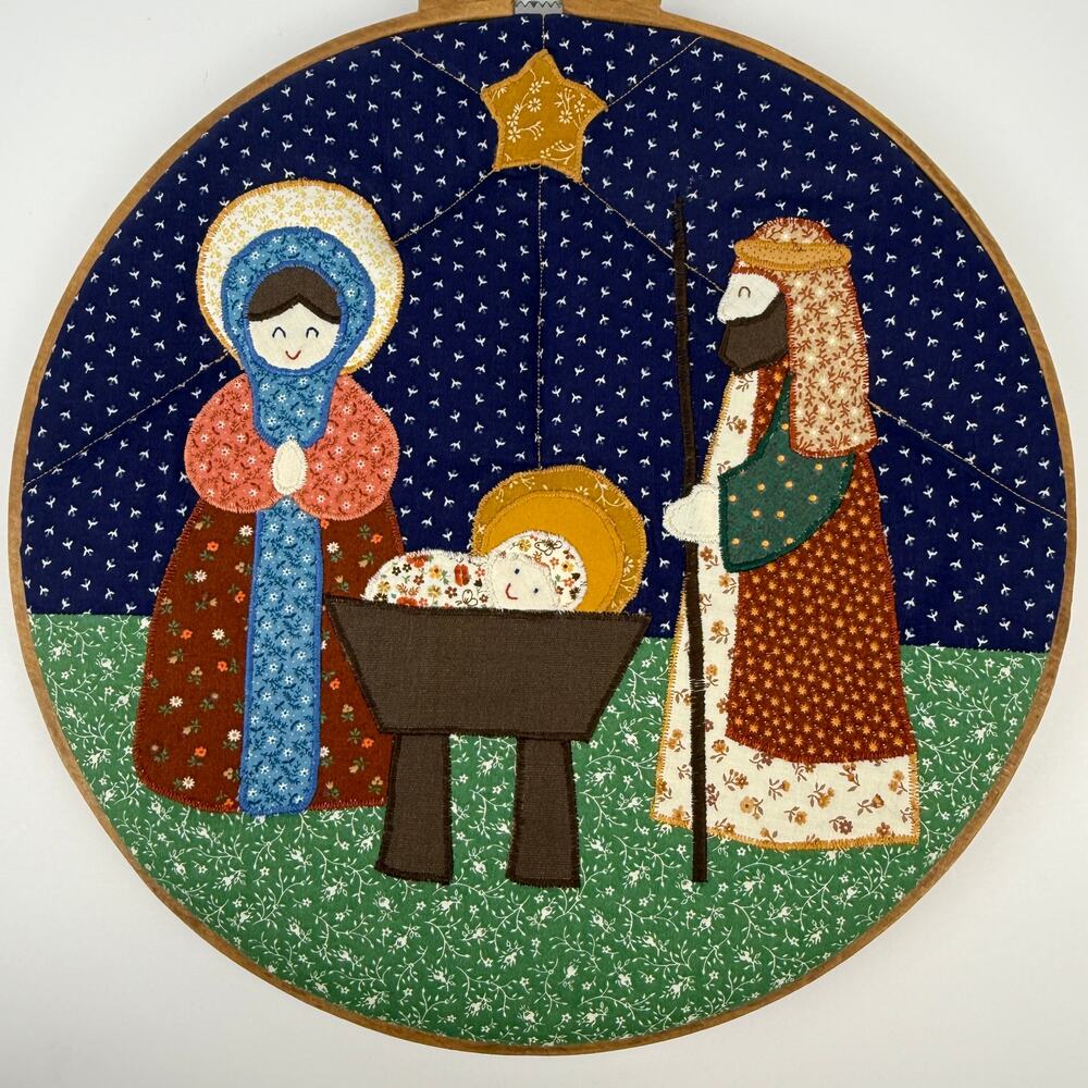 Vintage Embroidered Quilted Nativity Scene Handmade Large Hoop Xmas Manger Baby